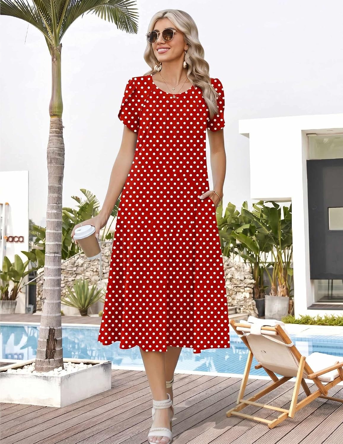 image:imageZeagoo Womens Casual Summer Dress 2026 Petal Short Sleeve Dresses with Pleats Midi A Line Flowy Dress Boho SundressRed Dot