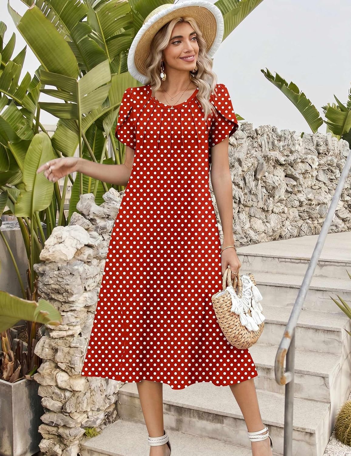 image:imageZeagoo Womens Casual Summer Dress 2026 Petal Short Sleeve Dresses with Pleats Midi A Line Flowy Dress Boho SundressRed Dot