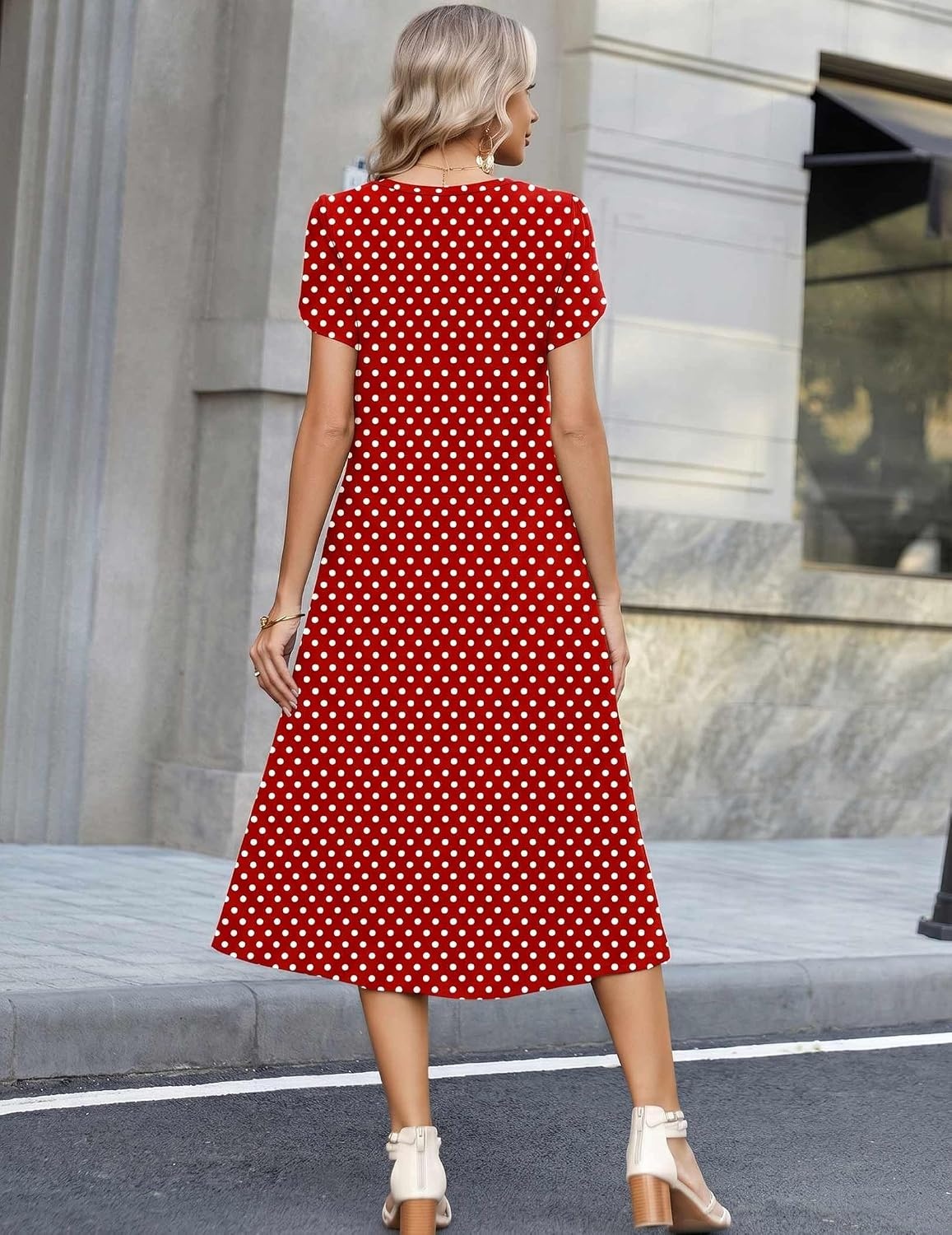 image:imageZeagoo Womens Casual Summer Dress 2026 Petal Short Sleeve Dresses with Pleats Midi A Line Flowy Dress Boho SundressRed Dot