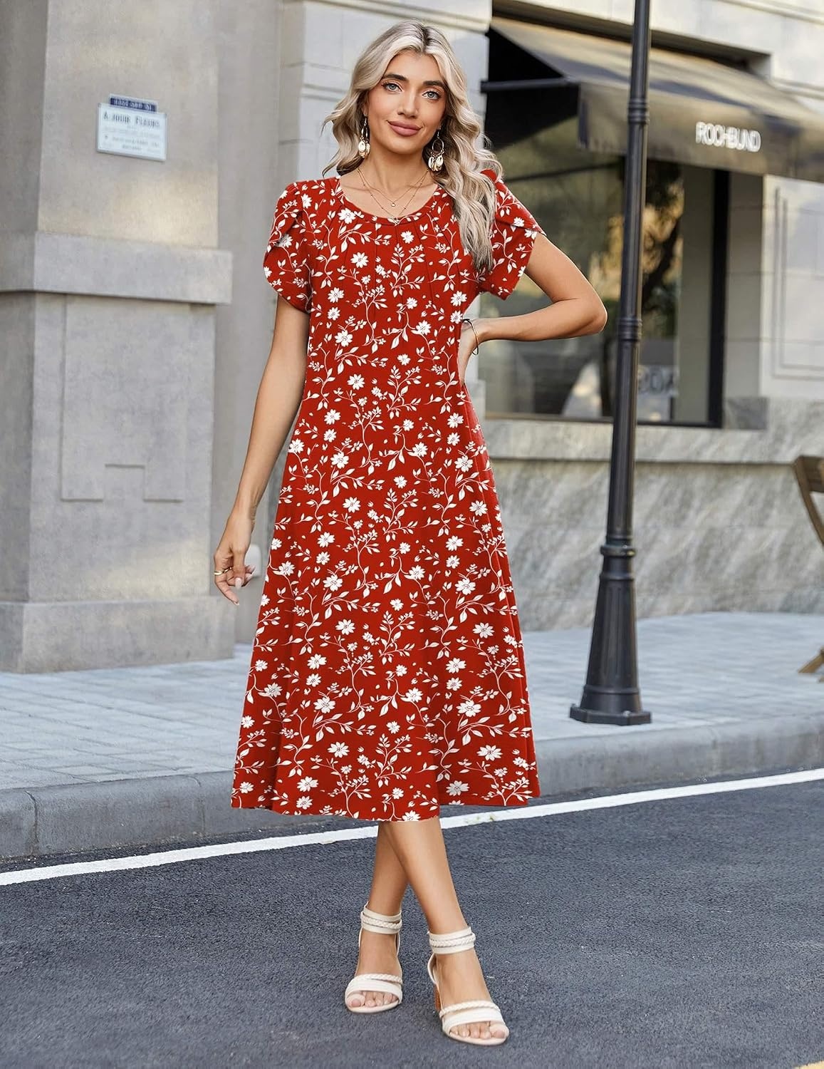 image:imageZeagoo Womens Casual Summer Dress 2026 Petal Short Sleeve Dresses with Pleats Midi A Line Flowy Dress Boho SundressRed Floral