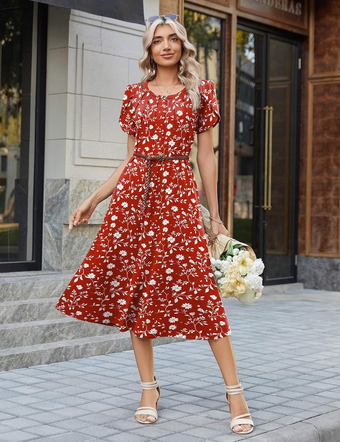 image:imageZeagoo Womens Casual Summer Dress 2026 Petal Short Sleeve Dresses with Pleats Midi A Line Flowy Dress Boho SundressRed Floral