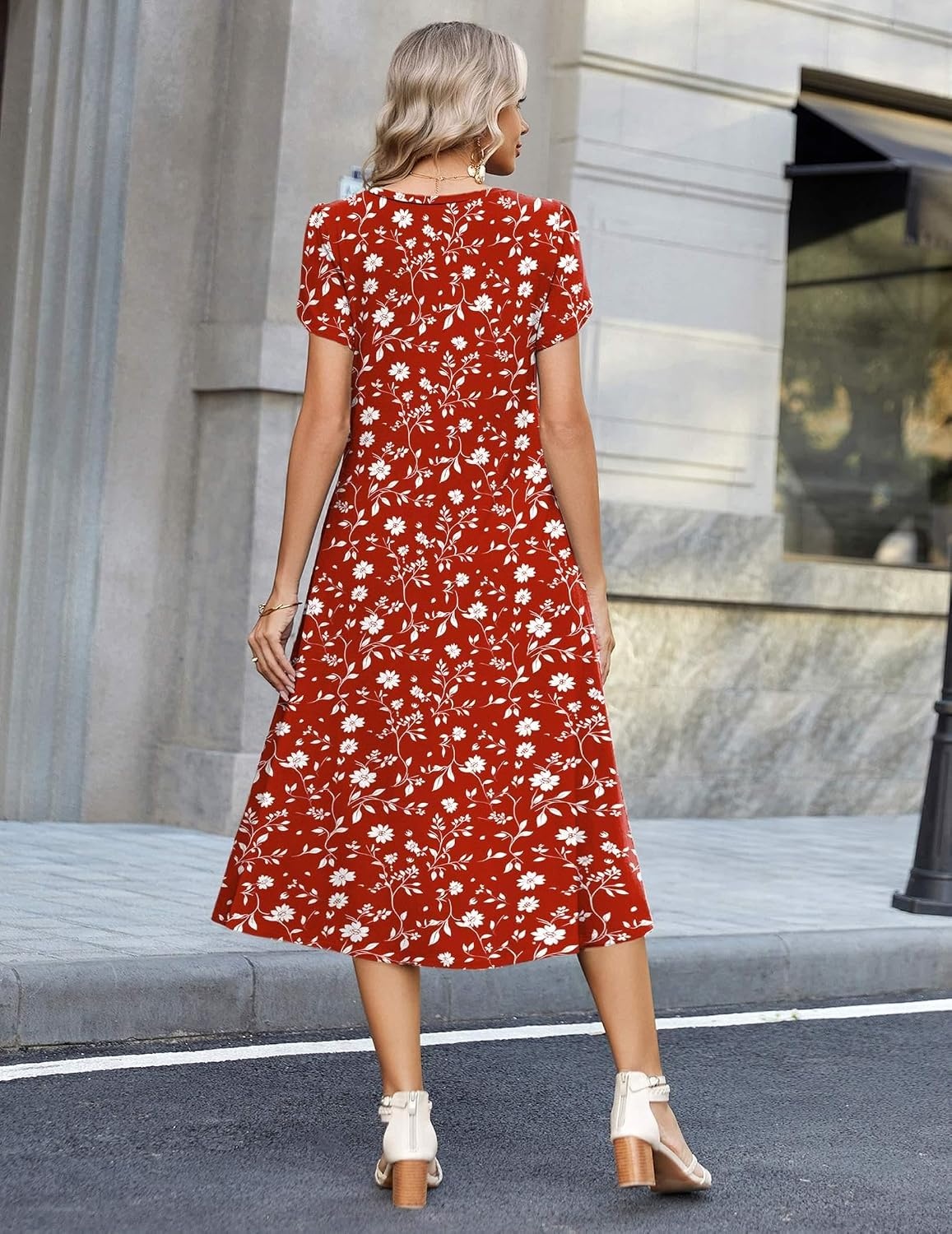 image:imageZeagoo Womens Casual Summer Dress 2026 Petal Short Sleeve Dresses with Pleats Midi A Line Flowy Dress Boho SundressRed Floral
