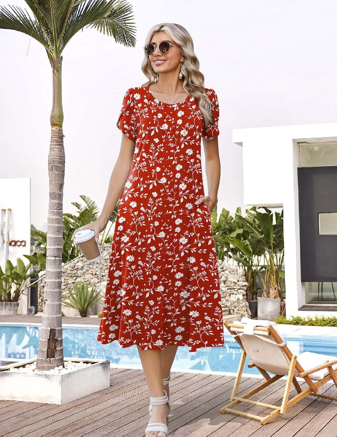 image:imageZeagoo Womens Casual Summer Dress 2026 Petal Short Sleeve Dresses with Pleats Midi A Line Flowy Dress Boho SundressRed Floral
