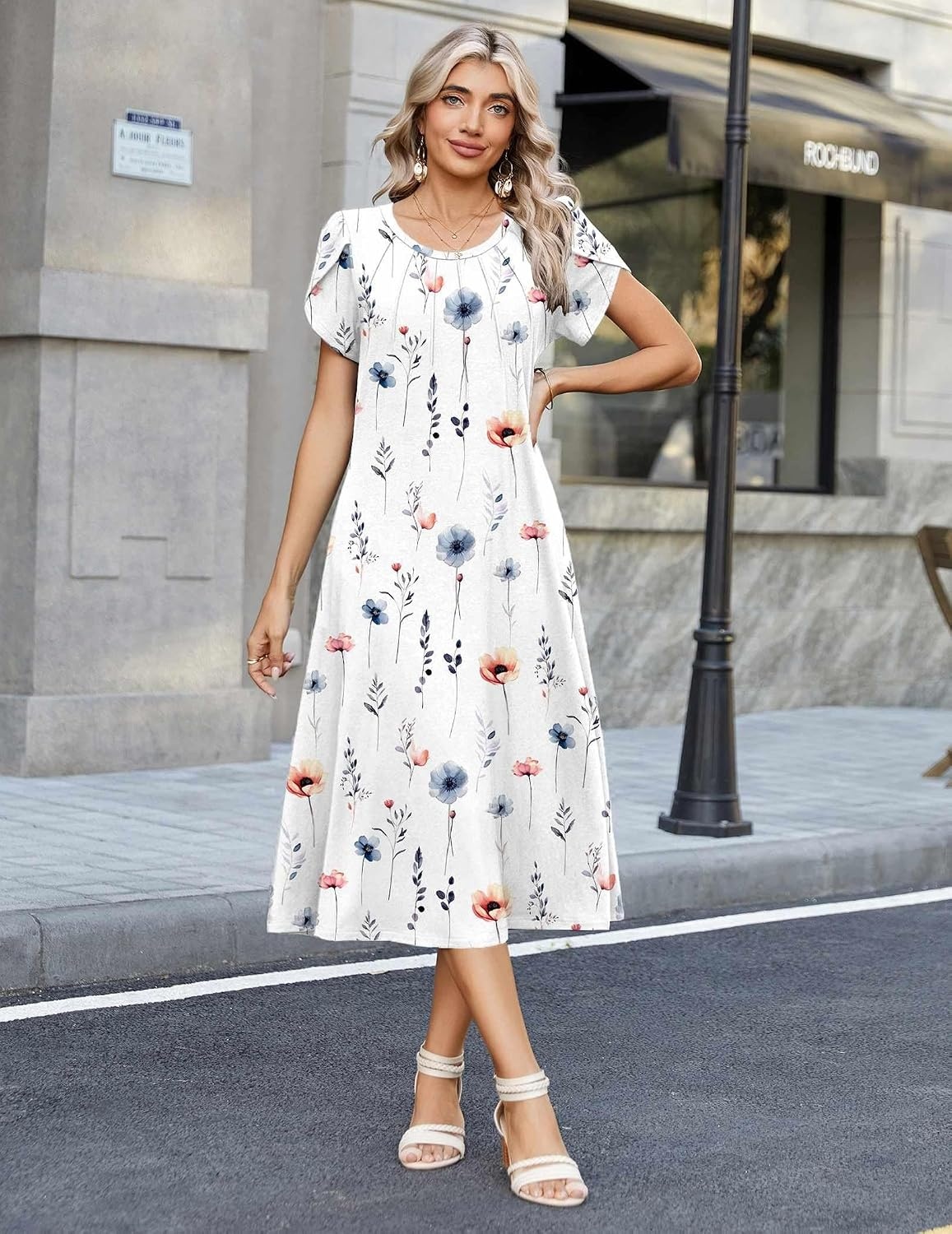 image:imageZeagoo Womens Casual Summer Dress 2026 Petal Short Sleeve Dresses with Pleats Midi A Line Flowy Dress Boho SundressWhite Floral