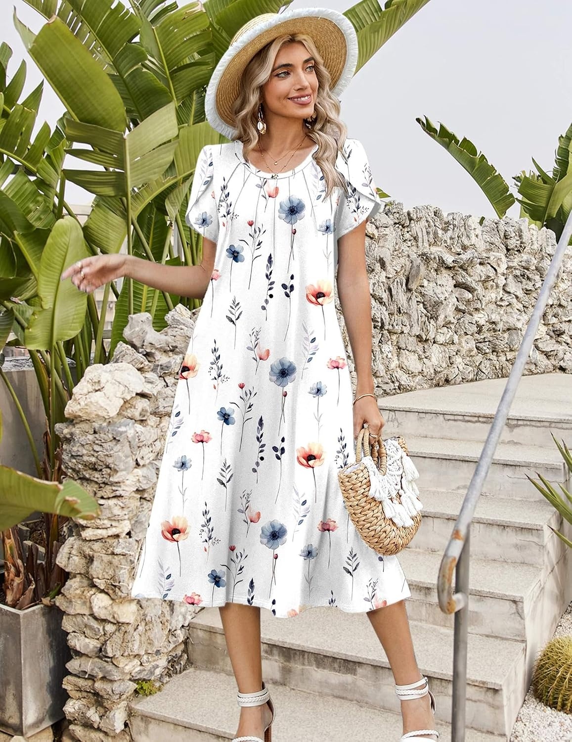 image:imageZeagoo Womens Casual Summer Dress 2026 Petal Short Sleeve Dresses with Pleats Midi A Line Flowy Dress Boho SundressWhite Floral