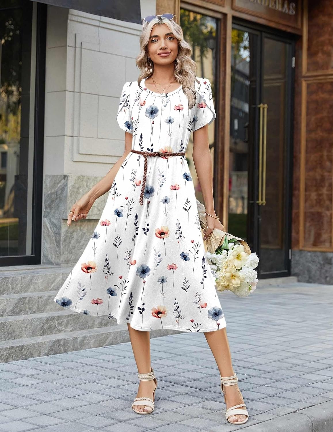 image:imageZeagoo Womens Casual Summer Dress 2026 Petal Short Sleeve Dresses with Pleats Midi A Line Flowy Dress Boho SundressWhite Floral