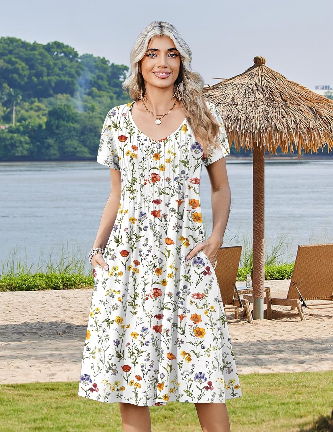 image:imageZeagoo Womens Casual Summer Dress 2026 Short Sleeve Dresses Pleats Midi A Line Flowy Dress Boho Beach Sundress with PocketsA01white Floral