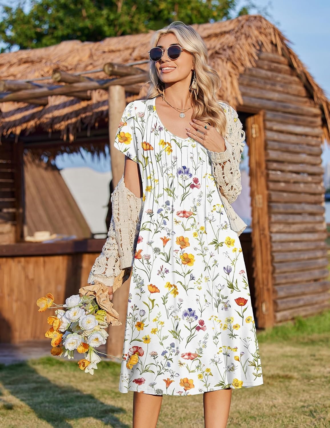 image:imageZeagoo Womens Casual Summer Dress 2026 Short Sleeve Dresses Pleats Midi A Line Flowy Dress Boho Beach Sundress with PocketsA01white Floral
