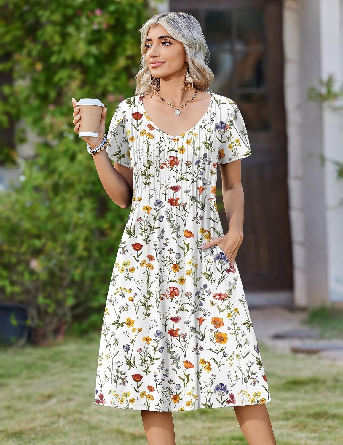 image:imageZeagoo Womens Casual Summer Dress 2026 Short Sleeve Dresses Pleats Midi A Line Flowy Dress Boho Beach Sundress with PocketsA01white Floral