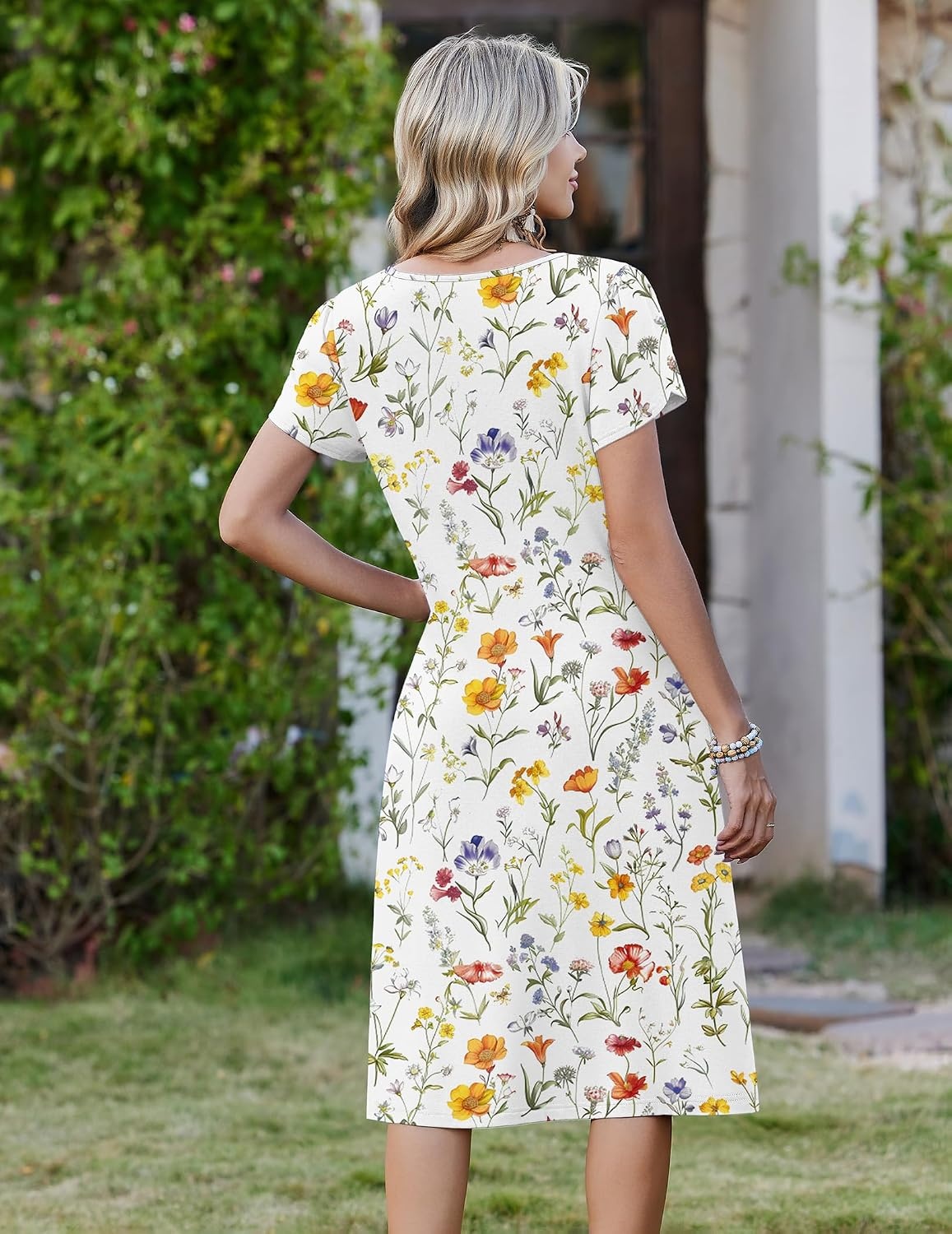 image:imageZeagoo Womens Casual Summer Dress 2026 Short Sleeve Dresses Pleats Midi A Line Flowy Dress Boho Beach Sundress with PocketsA01white Floral