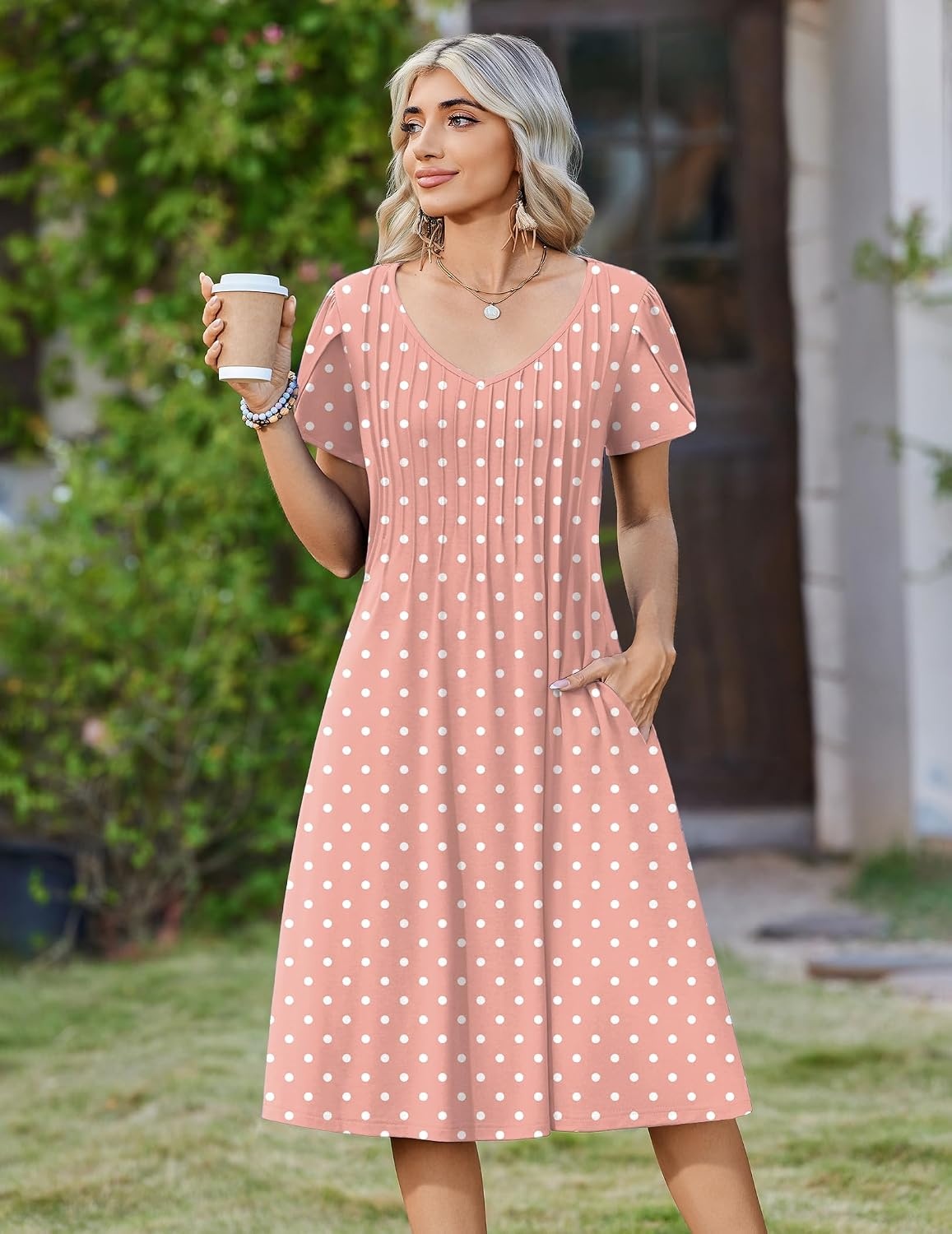 image:imageZeagoo Womens Casual Summer Dress 2026 Short Sleeve Dresses Pleats Midi A Line Flowy Dress Boho Beach Sundress with PocketsA02pink Dot