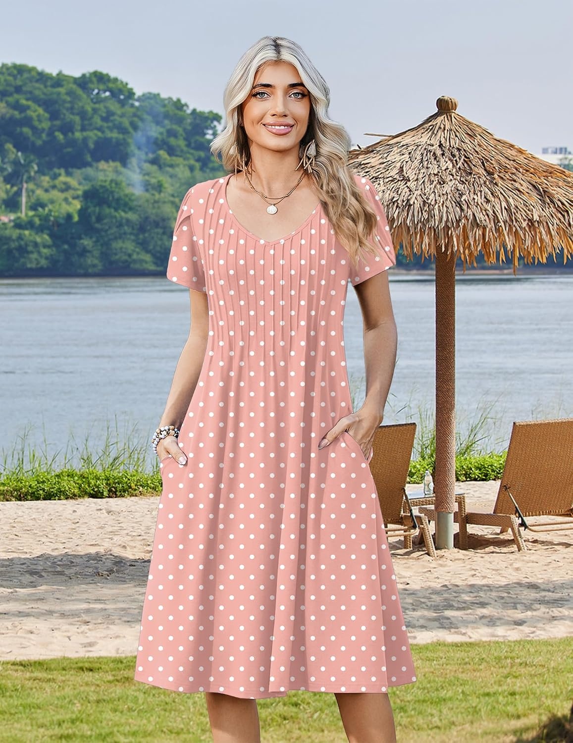 image:imageZeagoo Womens Casual Summer Dress 2026 Short Sleeve Dresses Pleats Midi A Line Flowy Dress Boho Beach Sundress with PocketsA02pink Dot