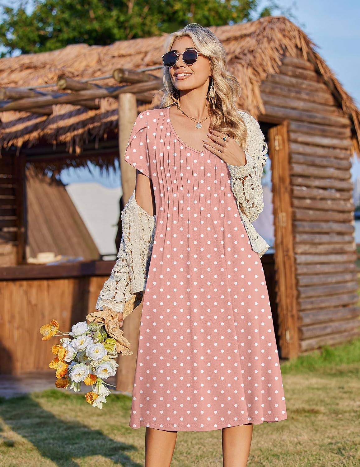 image:imageZeagoo Womens Casual Summer Dress 2026 Short Sleeve Dresses Pleats Midi A Line Flowy Dress Boho Beach Sundress with PocketsA02pink Dot