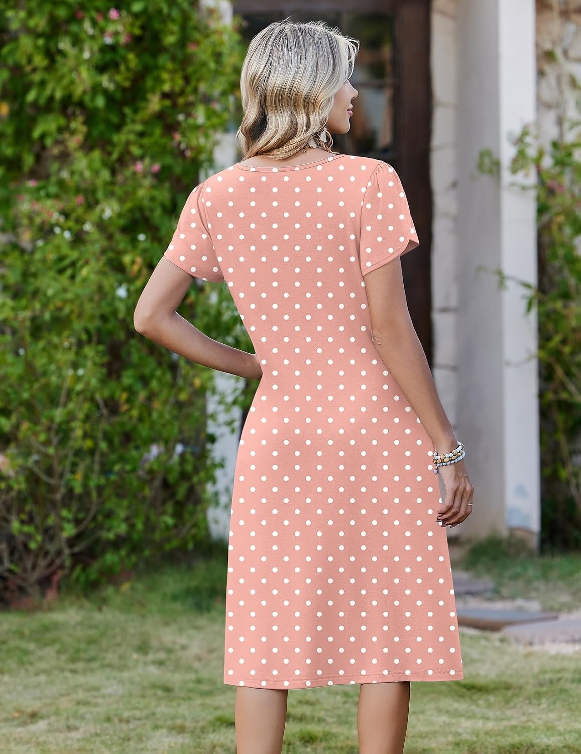 image:imageZeagoo Womens Casual Summer Dress 2026 Short Sleeve Dresses Pleats Midi A Line Flowy Dress Boho Beach Sundress with PocketsA02pink Dot