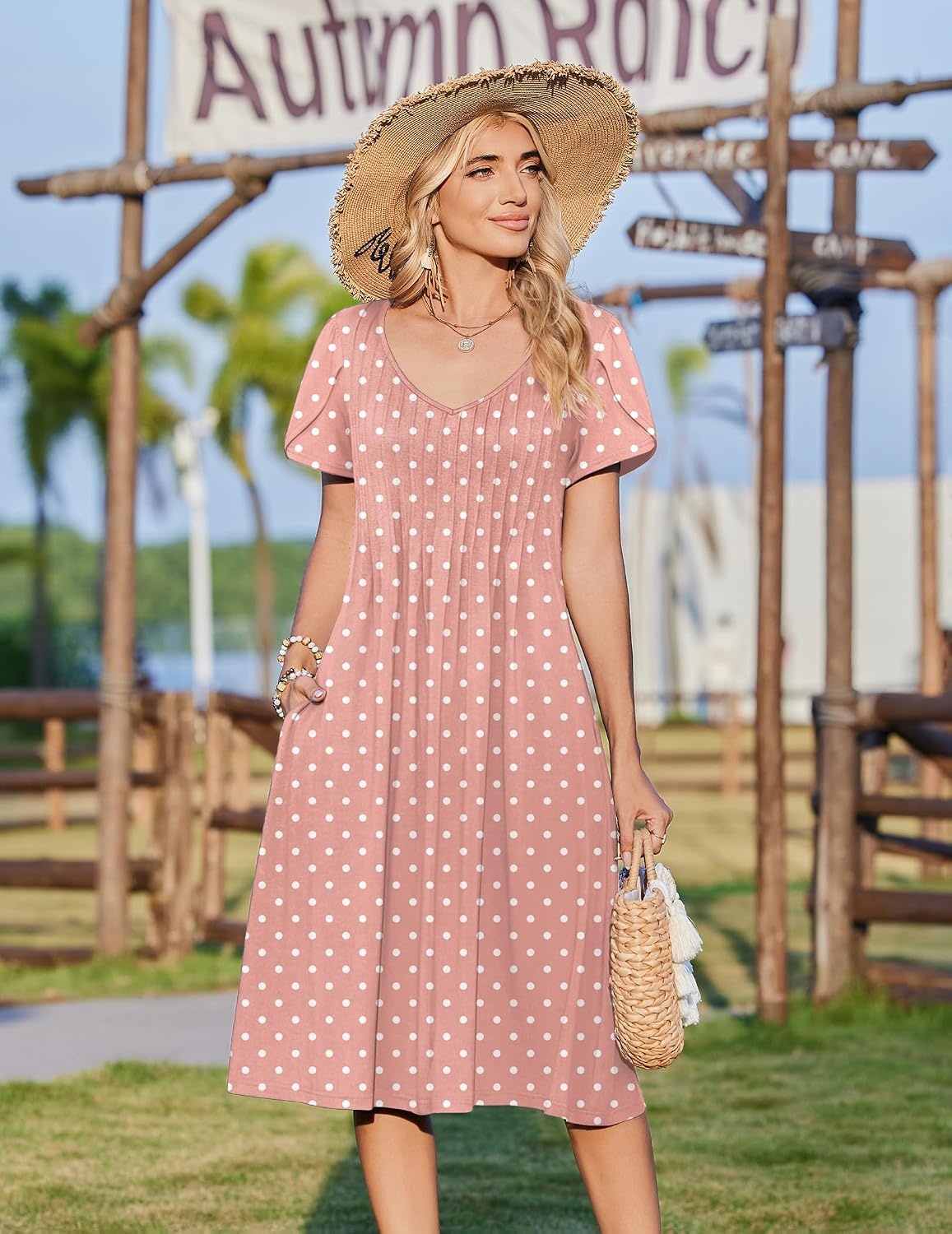 image:imageZeagoo Womens Casual Summer Dress 2026 Short Sleeve Dresses Pleats Midi A Line Flowy Dress Boho Beach Sundress with PocketsA02pink Dot