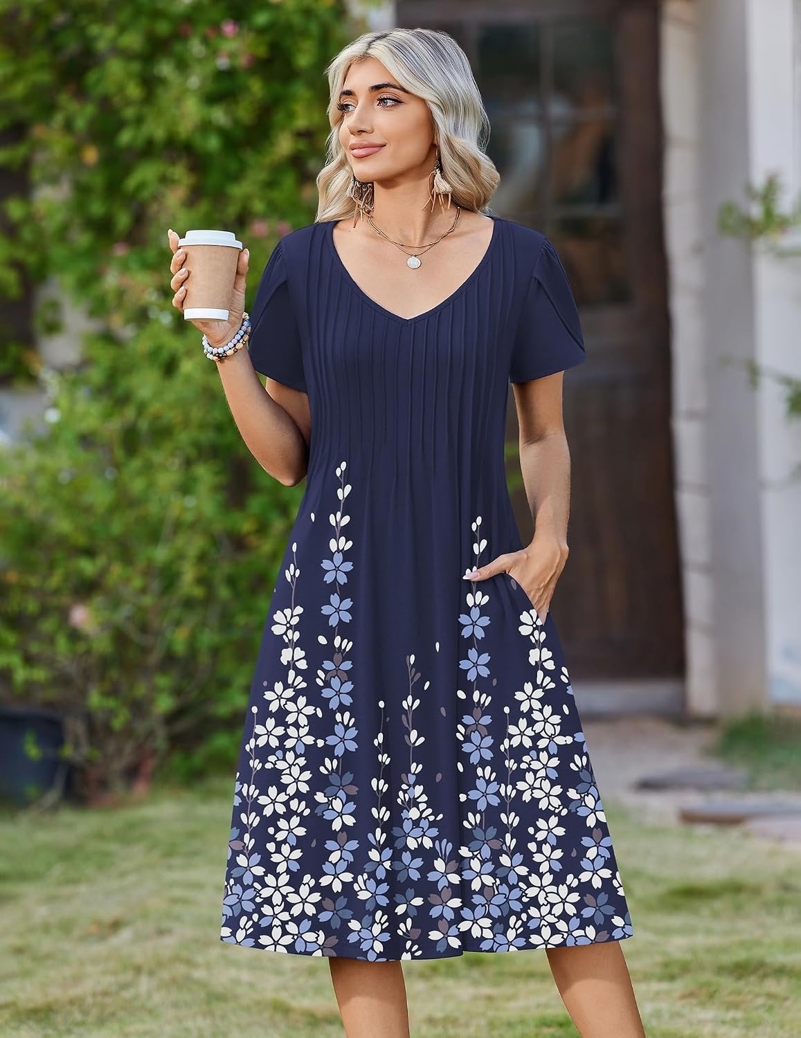 image:imageZeagoo Womens Casual Summer Dress 2026 Short Sleeve Dresses Pleats Midi A Line Flowy Dress Boho Beach Sundress with PocketsA03flower Blue