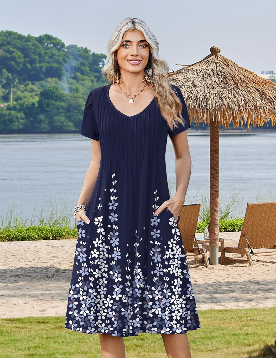 image:imageZeagoo Womens Casual Summer Dress 2026 Short Sleeve Dresses Pleats Midi A Line Flowy Dress Boho Beach Sundress with PocketsA03flower Blue