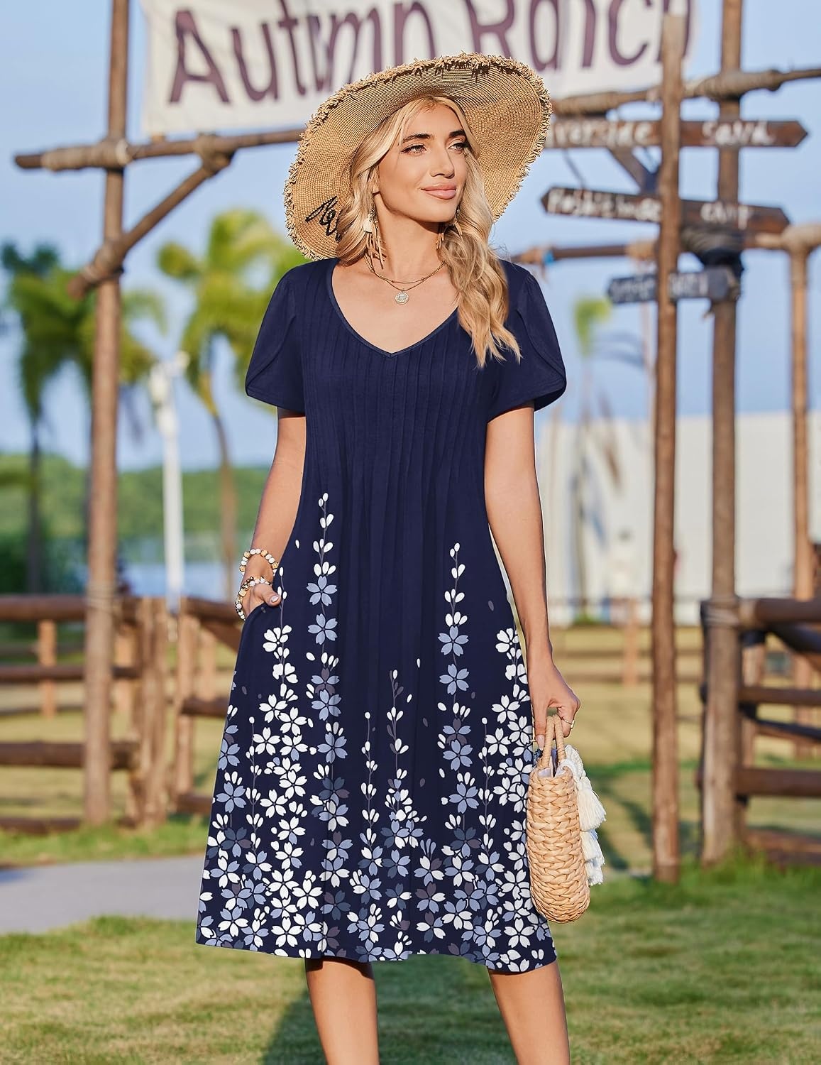 image:imageZeagoo Womens Casual Summer Dress 2026 Short Sleeve Dresses Pleats Midi A Line Flowy Dress Boho Beach Sundress with PocketsA03flower Blue