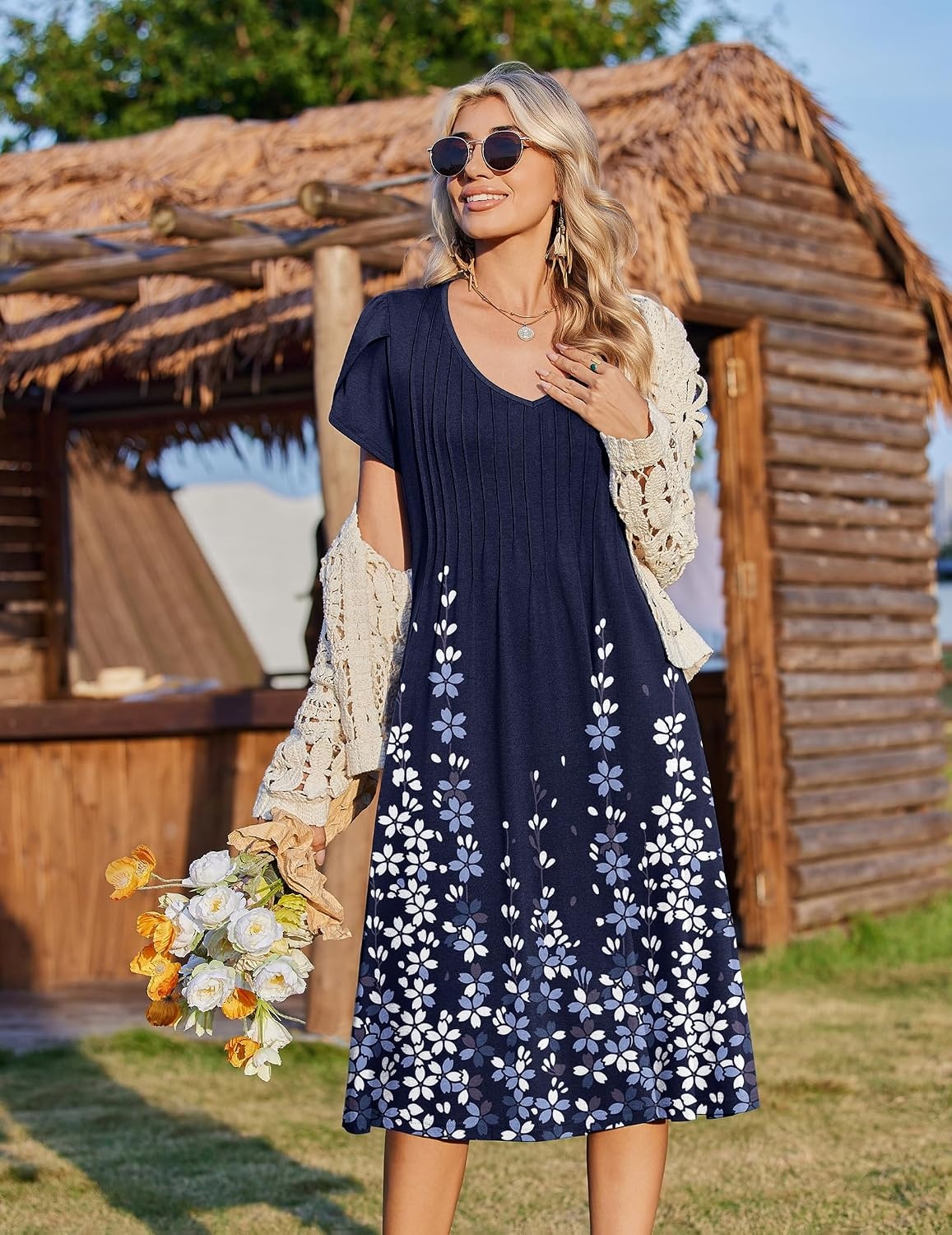 image:imageZeagoo Womens Casual Summer Dress 2026 Short Sleeve Dresses Pleats Midi A Line Flowy Dress Boho Beach Sundress with PocketsA03flower Blue
