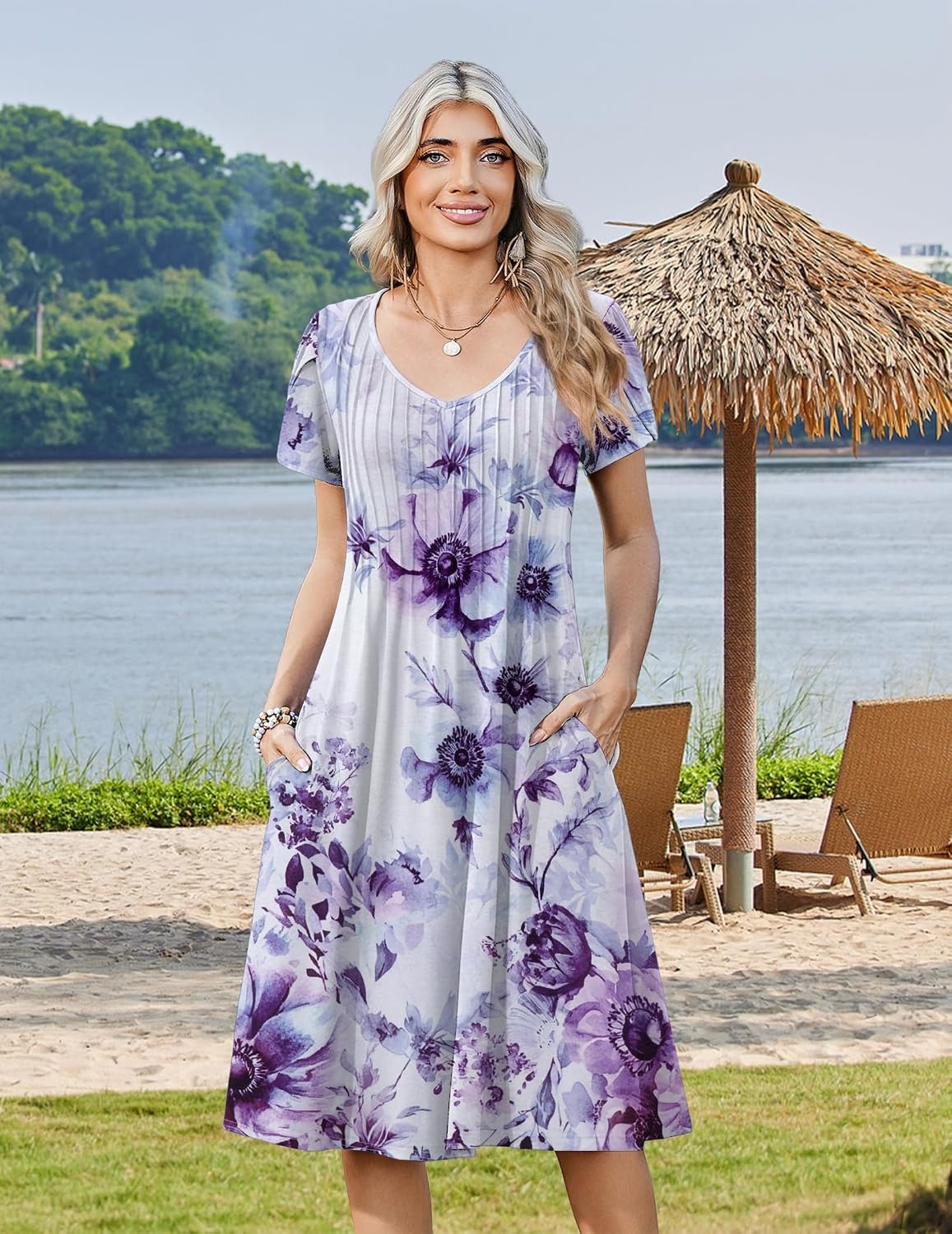 image:imageZeagoo Womens Casual Summer Dress 2026 Short Sleeve Dresses Pleats Midi A Line Flowy Dress Boho Beach Sundress with PocketsA04purple White