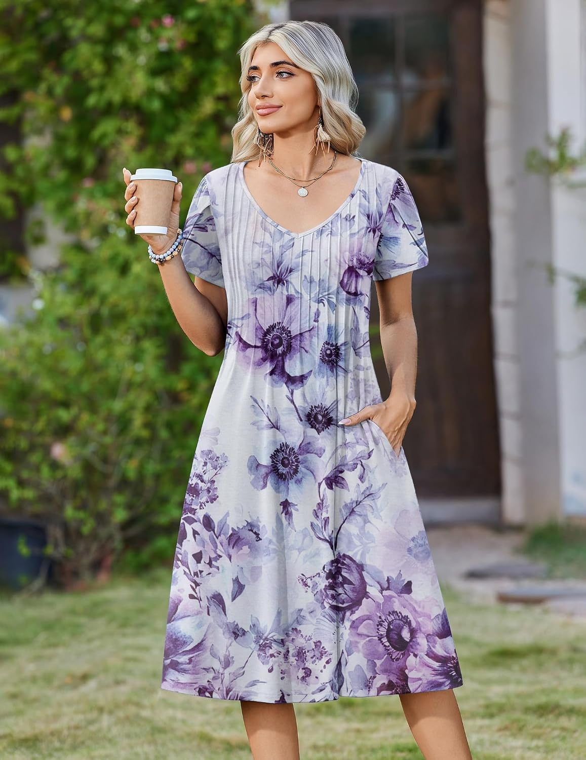 image:imageZeagoo Womens Casual Summer Dress 2026 Short Sleeve Dresses Pleats Midi A Line Flowy Dress Boho Beach Sundress with PocketsA04purple White