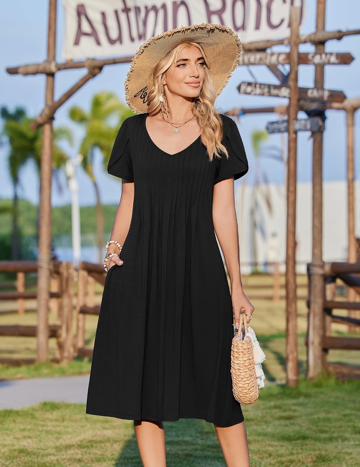 image:imageZeagoo Womens Casual Summer Dress 2026 Short Sleeve Dresses Pleats Midi A Line Flowy Dress Boho Beach Sundress with PocketsBlack