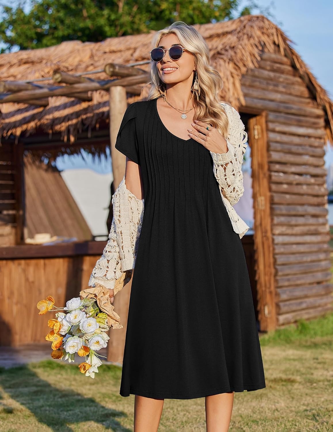 image:imageZeagoo Womens Casual Summer Dress 2026 Short Sleeve Dresses Pleats Midi A Line Flowy Dress Boho Beach Sundress with PocketsBlack