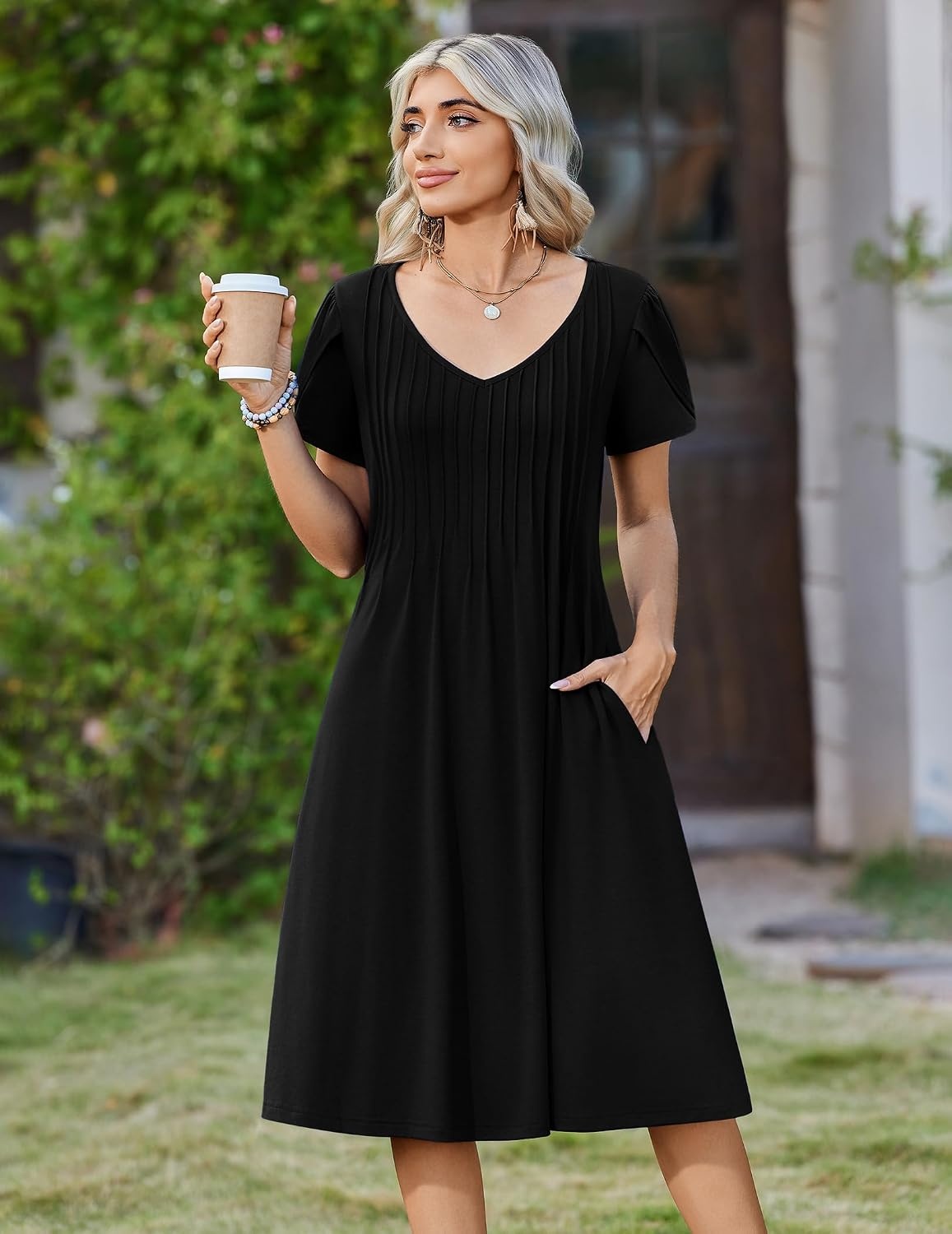 image:imageZeagoo Womens Casual Summer Dress 2026 Short Sleeve Dresses Pleats Midi A Line Flowy Dress Boho Beach Sundress with PocketsBlack
