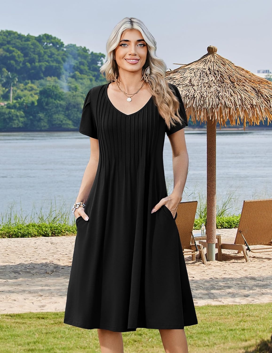 image:imageZeagoo Womens Casual Summer Dress 2026 Short Sleeve Dresses Pleats Midi A Line Flowy Dress Boho Beach Sundress with PocketsBlack
