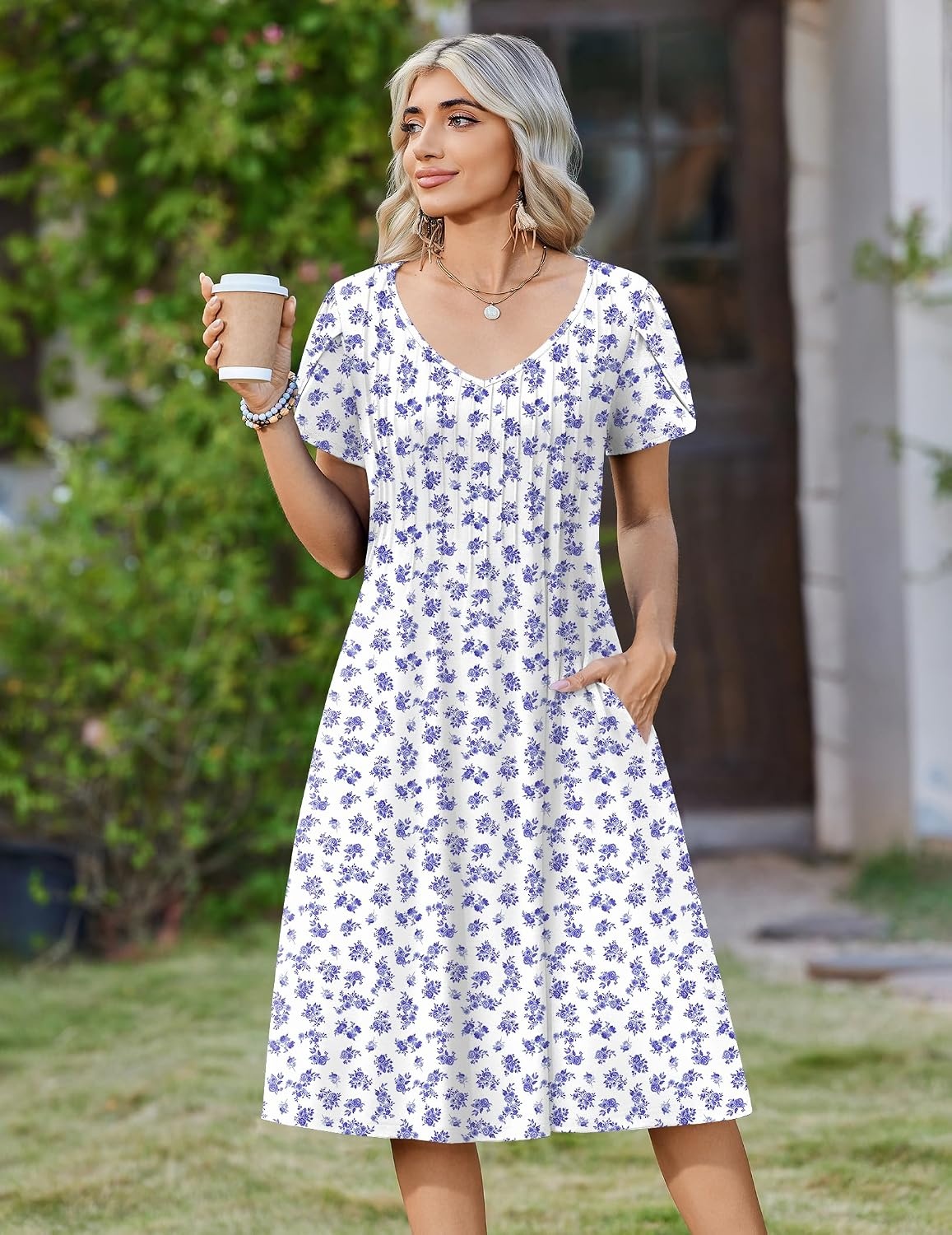 image:imageZeagoo Womens Casual Summer Dress 2026 Short Sleeve Dresses Pleats Midi A Line Flowy Dress Boho Beach Sundress with PocketsBlue Floral