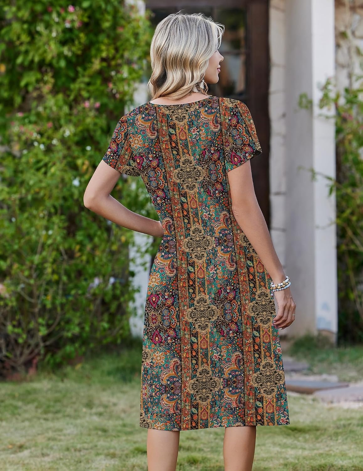 image:imageZeagoo Womens Casual Summer Dress 2026 Short Sleeve Dresses Pleats Midi A Line Flowy Dress Boho Beach Sundress with PocketsEthnic Flowers