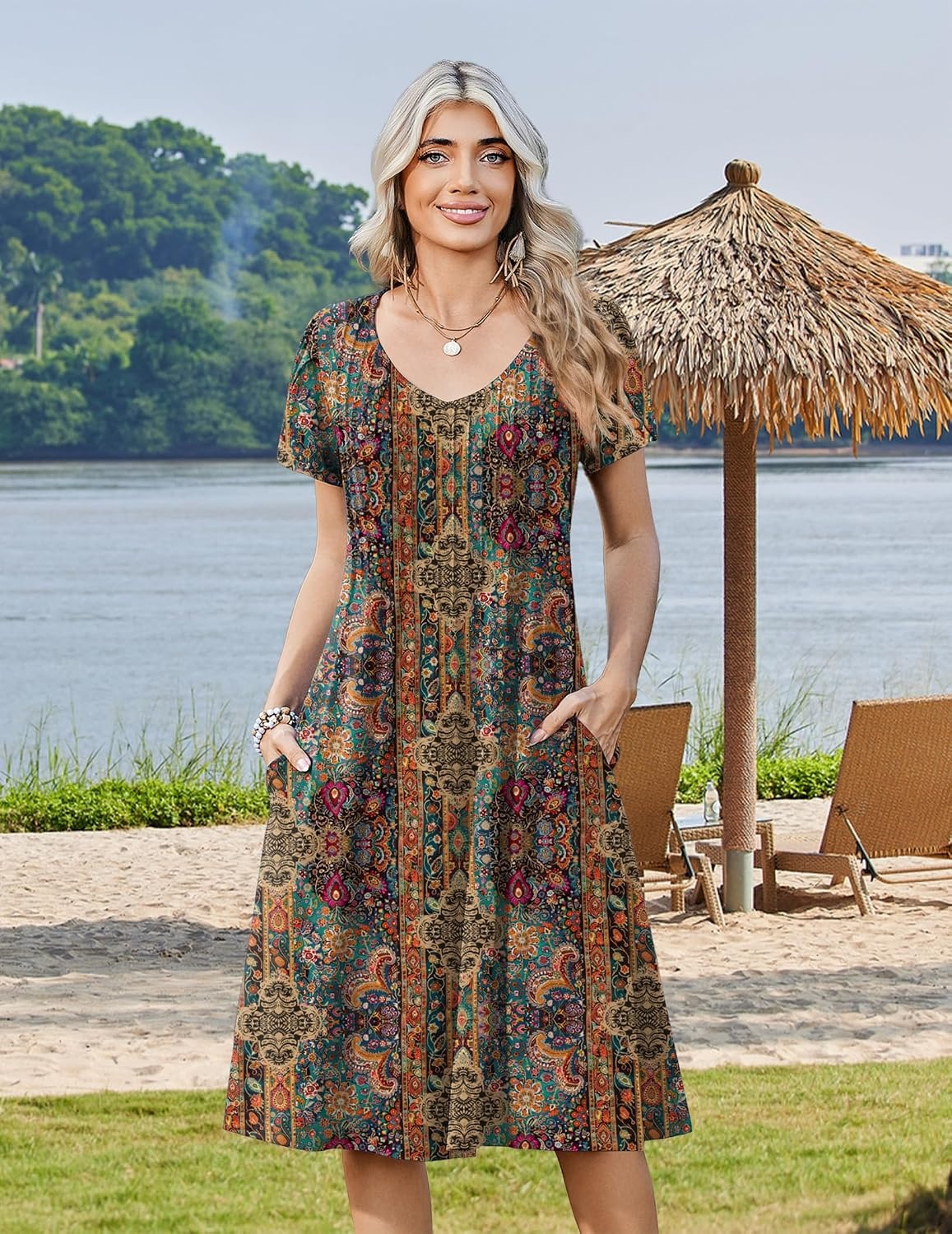 image:imageZeagoo Womens Casual Summer Dress 2026 Short Sleeve Dresses Pleats Midi A Line Flowy Dress Boho Beach Sundress with PocketsEthnic Flowers