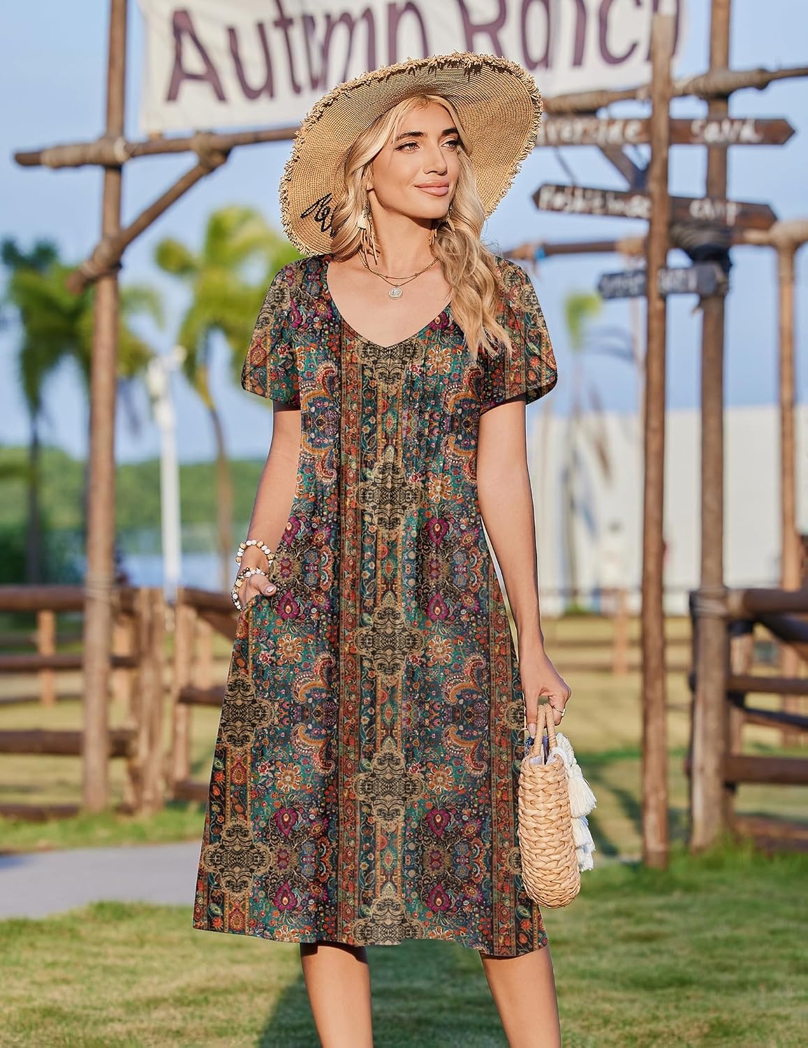 image:imageZeagoo Womens Casual Summer Dress 2026 Short Sleeve Dresses Pleats Midi A Line Flowy Dress Boho Beach Sundress with PocketsEthnic Flowers