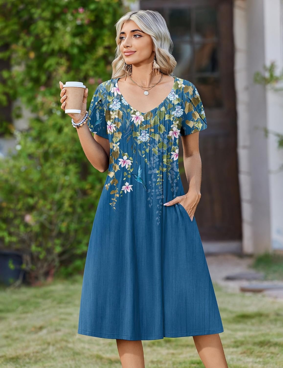 image:imageZeagoo Womens Casual Summer Dress 2026 Short Sleeve Dresses Pleats Midi A Line Flowy Dress Boho Beach Sundress with PocketsFloral Blue