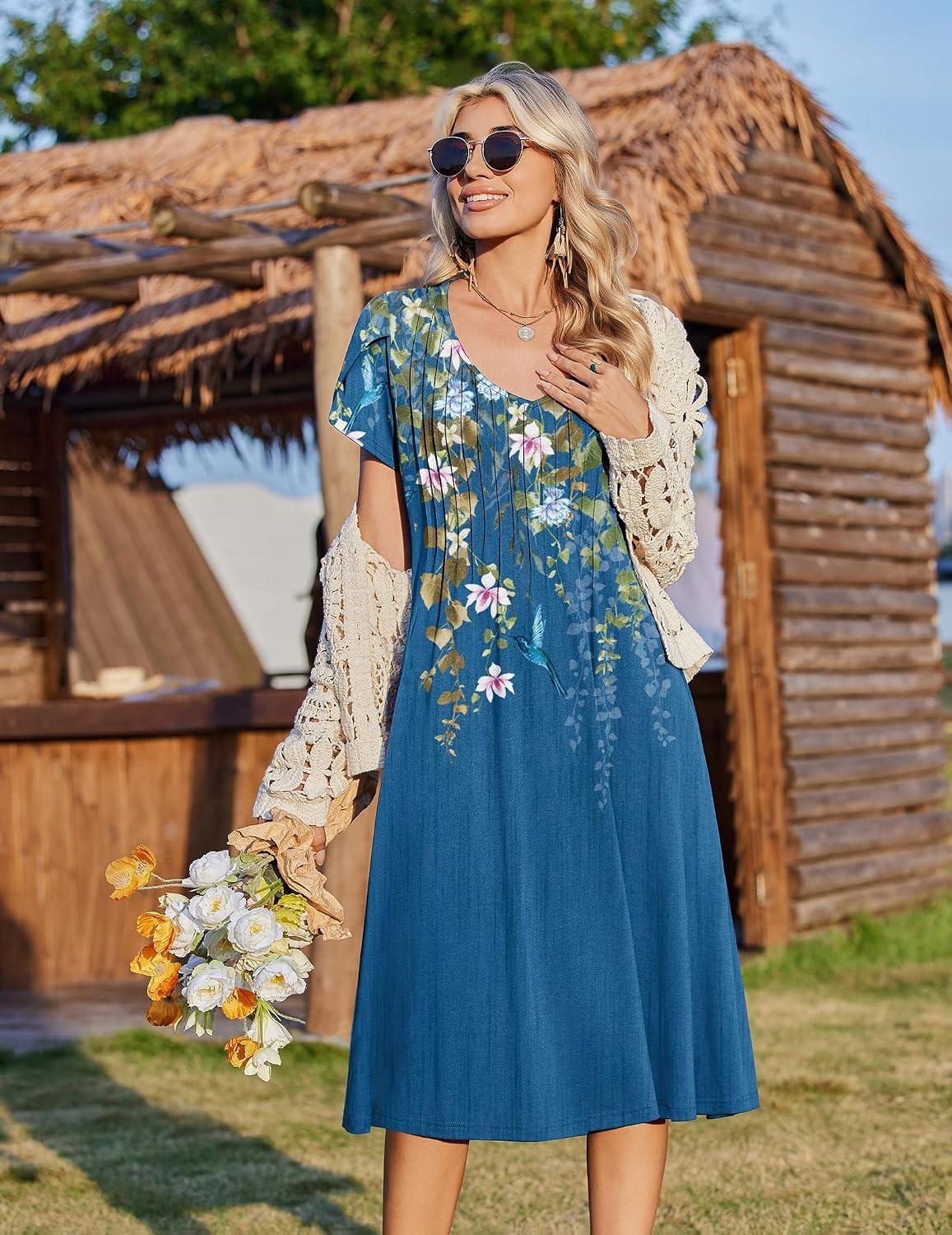 image:imageZeagoo Womens Casual Summer Dress 2026 Short Sleeve Dresses Pleats Midi A Line Flowy Dress Boho Beach Sundress with PocketsFloral Blue