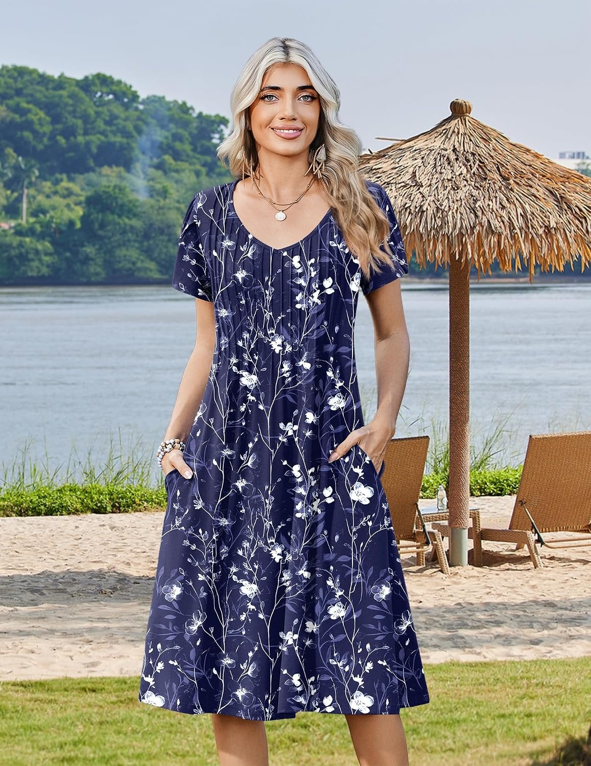 image:imageZeagoo Womens Casual Summer Dress 2026 Short Sleeve Dresses Pleats Midi A Line Flowy Dress Boho Beach Sundress with PocketsFloral Blue White