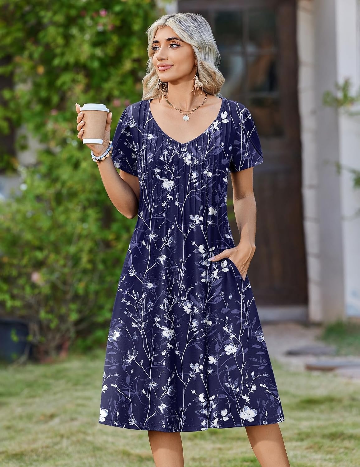 image:imageZeagoo Womens Casual Summer Dress 2026 Short Sleeve Dresses Pleats Midi A Line Flowy Dress Boho Beach Sundress with PocketsFloral Blue White