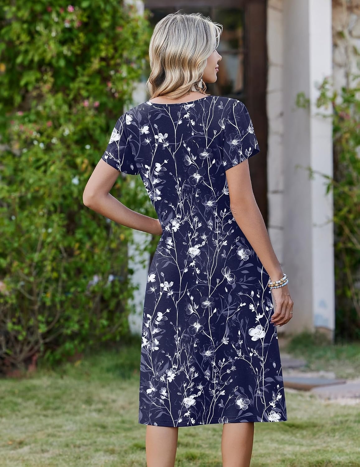 image:imageZeagoo Womens Casual Summer Dress 2026 Short Sleeve Dresses Pleats Midi A Line Flowy Dress Boho Beach Sundress with PocketsFloral Blue White