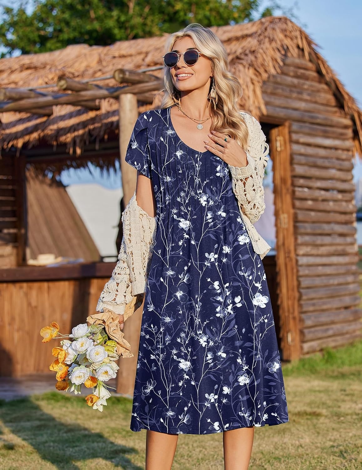 image:imageZeagoo Womens Casual Summer Dress 2026 Short Sleeve Dresses Pleats Midi A Line Flowy Dress Boho Beach Sundress with PocketsFloral Blue White