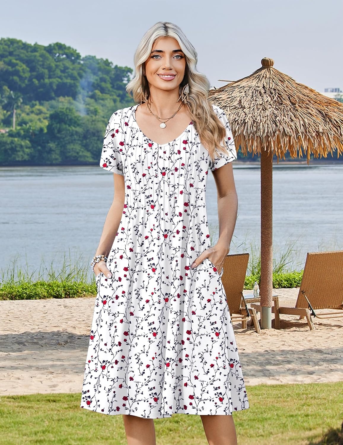 image:imageZeagoo Womens Casual Summer Dress 2026 Short Sleeve Dresses Pleats Midi A Line Flowy Dress Boho Beach Sundress with PocketsFloral White Red