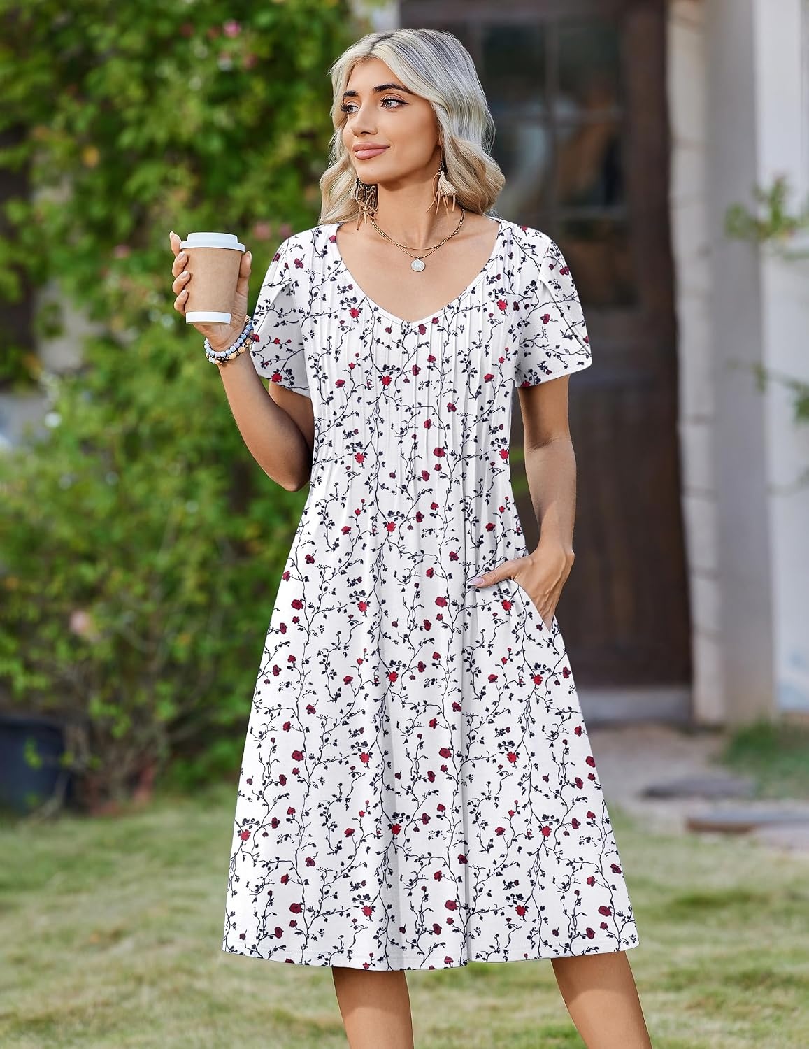 image:imageZeagoo Womens Casual Summer Dress 2026 Short Sleeve Dresses Pleats Midi A Line Flowy Dress Boho Beach Sundress with PocketsFloral White Red