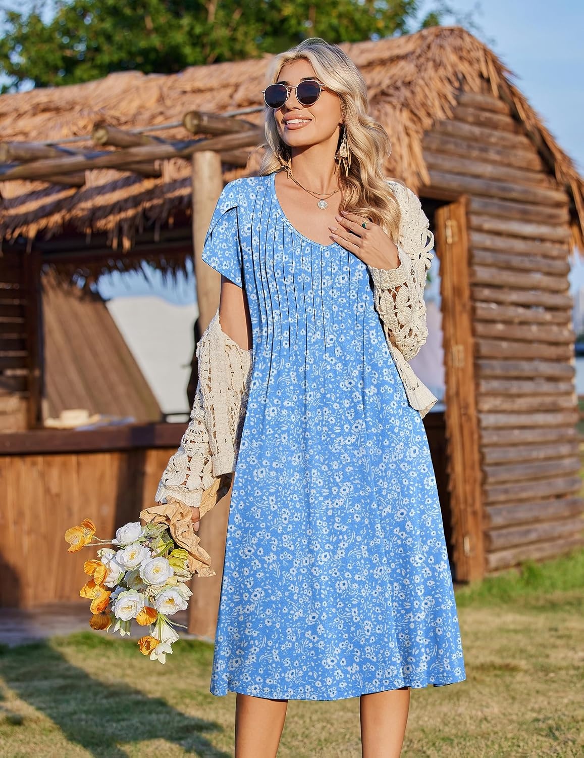 image:imageZeagoo Womens Casual Summer Dress 2026 Short Sleeve Dresses Pleats Midi A Line Flowy Dress Boho Beach Sundress with PocketsFlorallight Blue