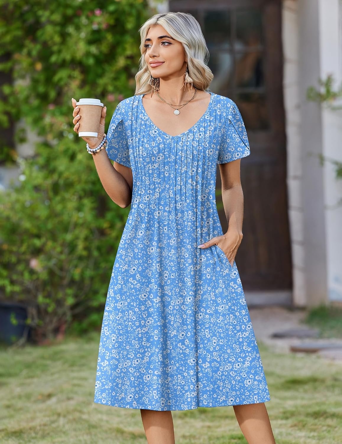 image:imageZeagoo Womens Casual Summer Dress 2026 Short Sleeve Dresses Pleats Midi A Line Flowy Dress Boho Beach Sundress with PocketsFlorallight Blue