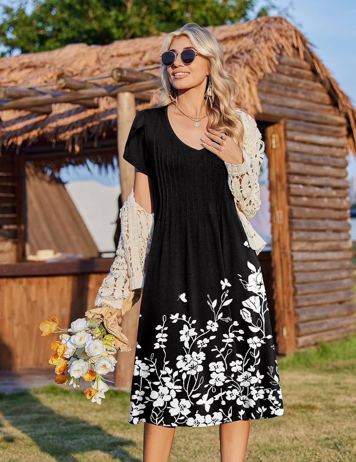 image:imageZeagoo Womens Casual Summer Dress 2026 Short Sleeve Dresses Pleats Midi A Line Flowy Dress Boho Beach Sundress with PocketsFlowers Black