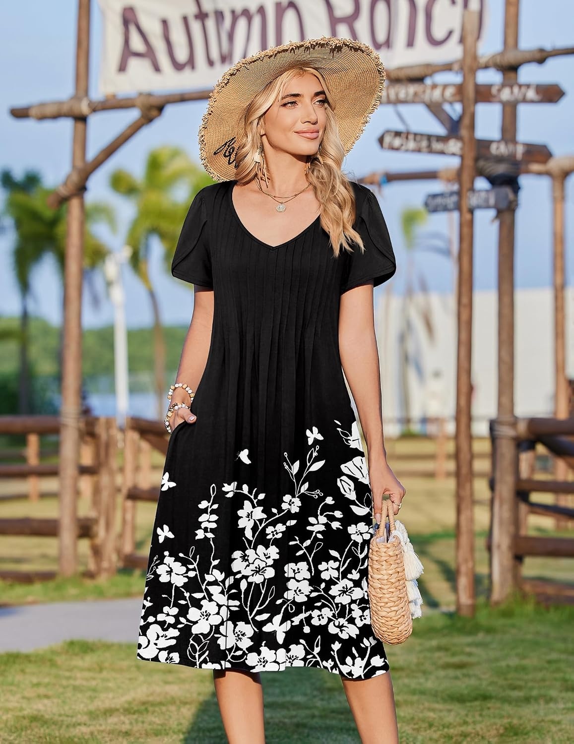 image:imageZeagoo Womens Casual Summer Dress 2026 Short Sleeve Dresses Pleats Midi A Line Flowy Dress Boho Beach Sundress with PocketsFlowers Black