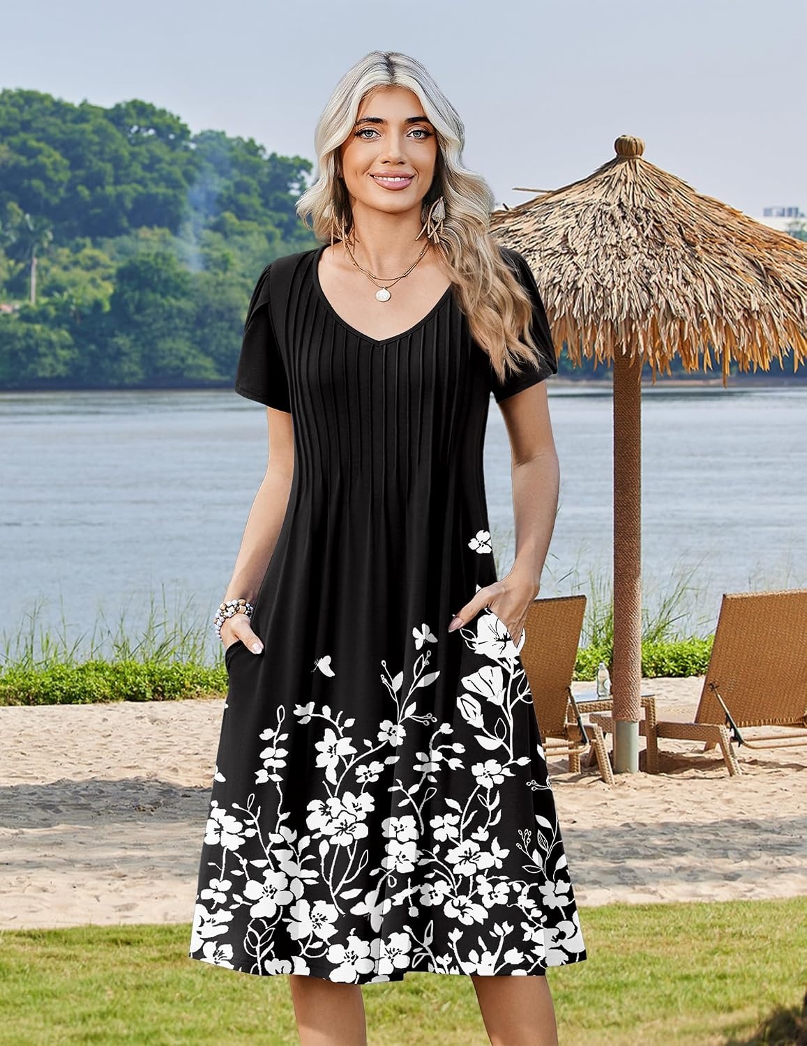 image:imageZeagoo Womens Casual Summer Dress 2026 Short Sleeve Dresses Pleats Midi A Line Flowy Dress Boho Beach Sundress with PocketsFlowers Black