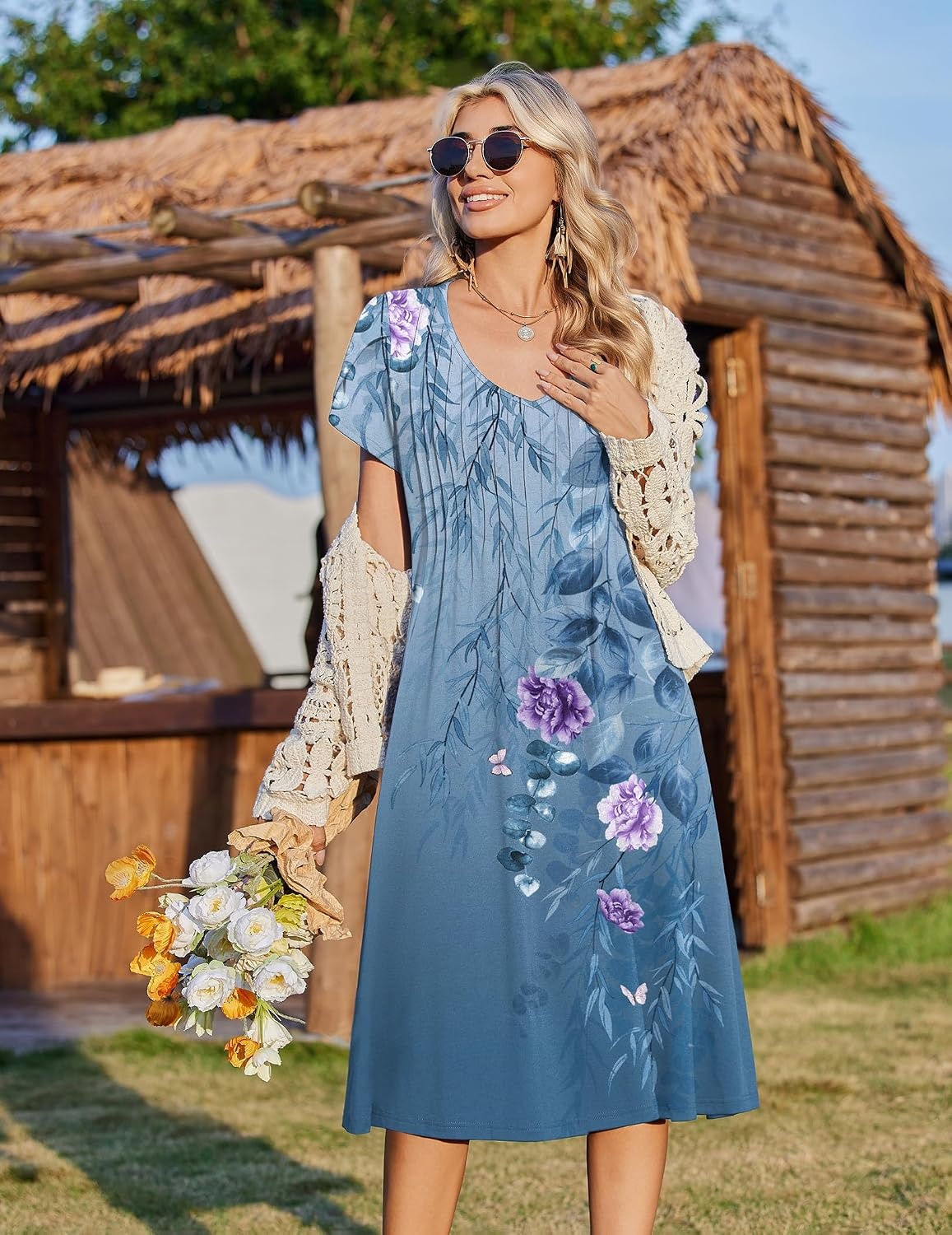 image:imageZeagoo Womens Casual Summer Dress 2026 Short Sleeve Dresses Pleats Midi A Line Flowy Dress Boho Beach Sundress with PocketsFlowersblue