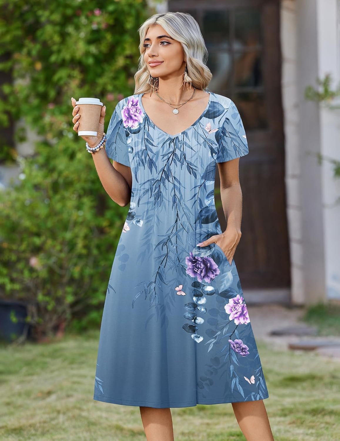 image:imageZeagoo Womens Casual Summer Dress 2026 Short Sleeve Dresses Pleats Midi A Line Flowy Dress Boho Beach Sundress with PocketsFlowersblue