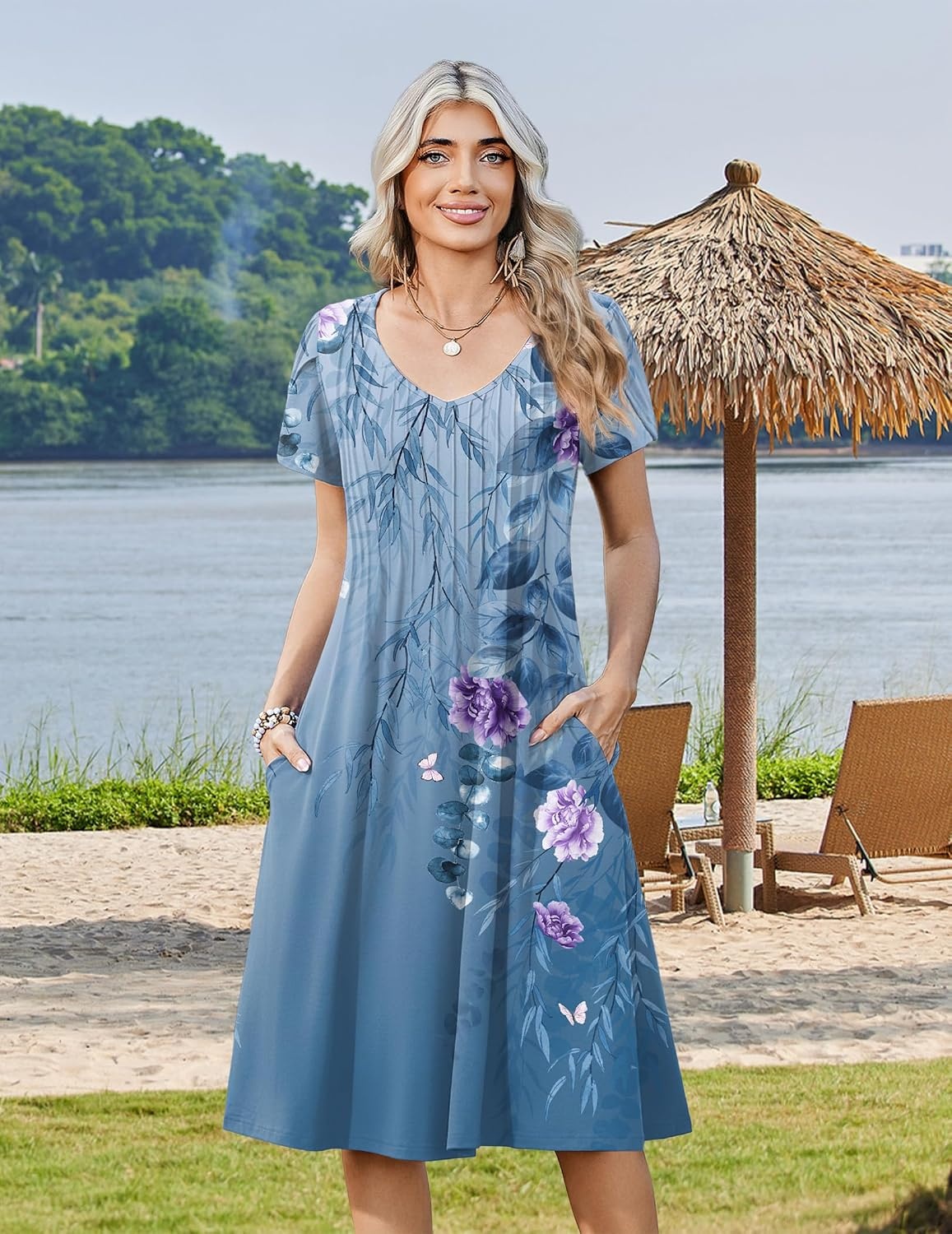 image:imageZeagoo Womens Casual Summer Dress 2026 Short Sleeve Dresses Pleats Midi A Line Flowy Dress Boho Beach Sundress with PocketsFlowersblue