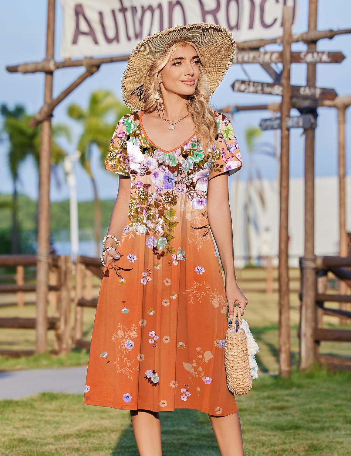 image:imageZeagoo Womens Casual Summer Dress 2026 Short Sleeve Dresses Pleats Midi A Line Flowy Dress Boho Beach Sundress with PocketsGradient Orange